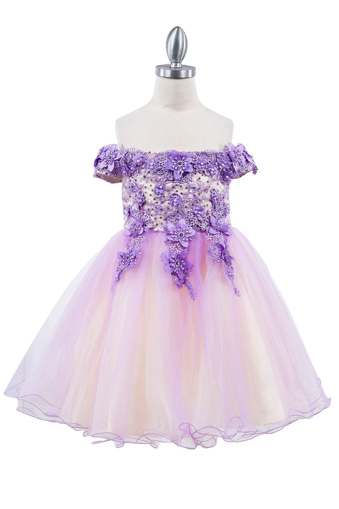 Front view of Lilac Off-shoulder Two-tone Lace Adorned with 3D Floral flower girl dress.