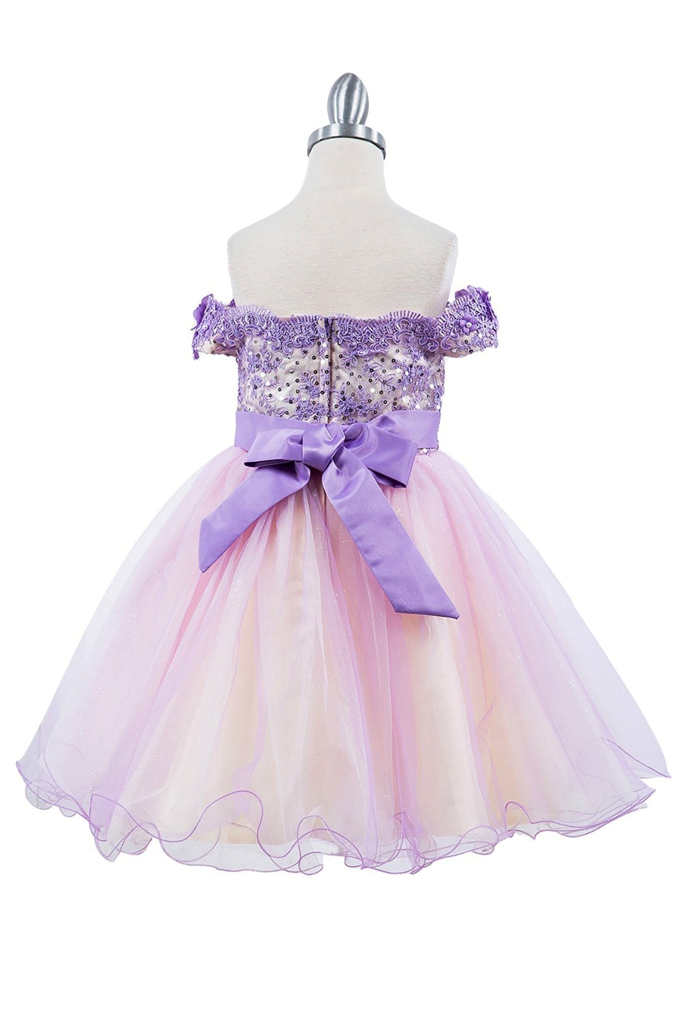 Back view of Lilac Off-shoulder Two-tone Lace Adorned with 3D Floral flower girl dress.