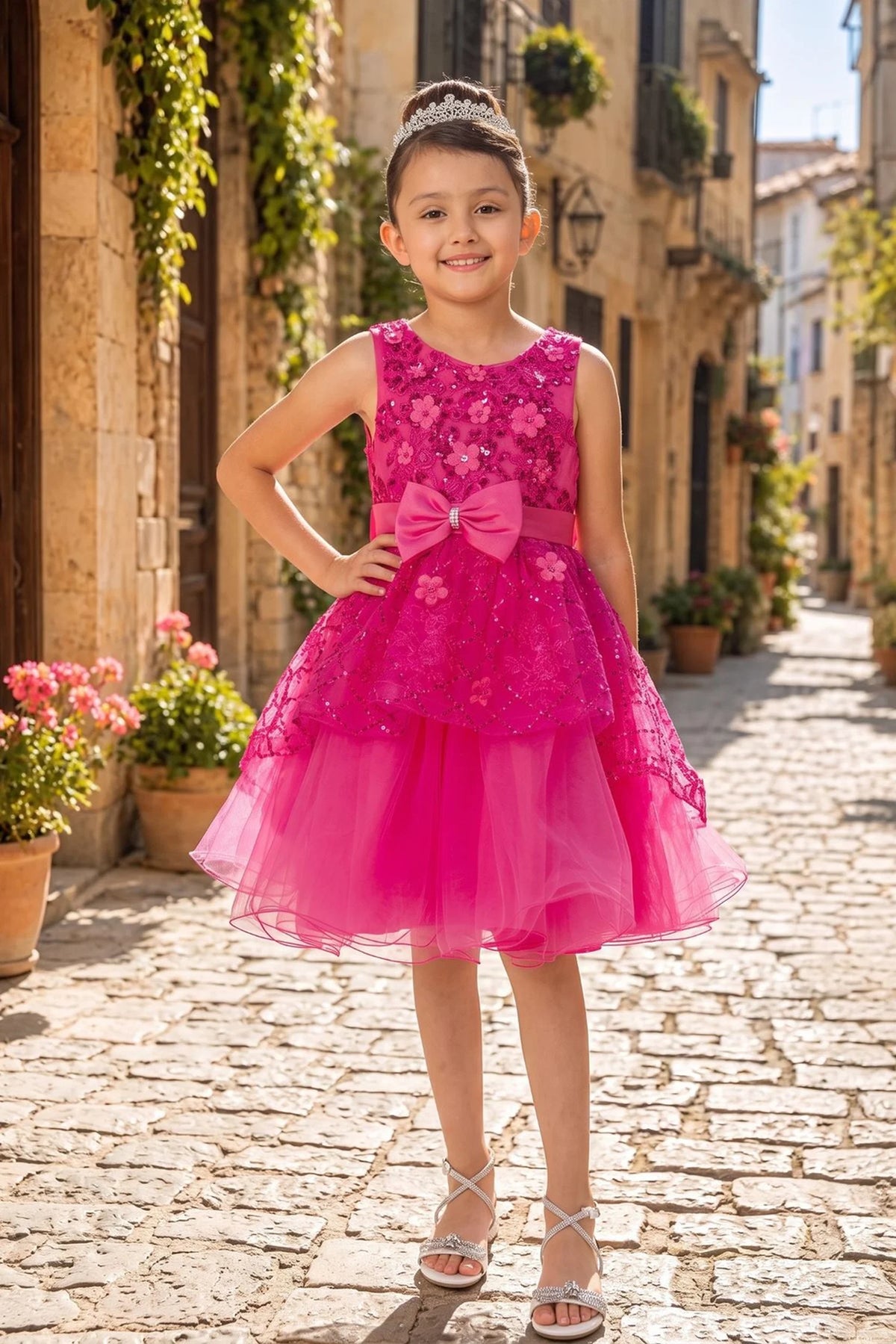 Showcasing with floral accents across the bodice, this Fuchsia kids party dress displays elegant detail.
