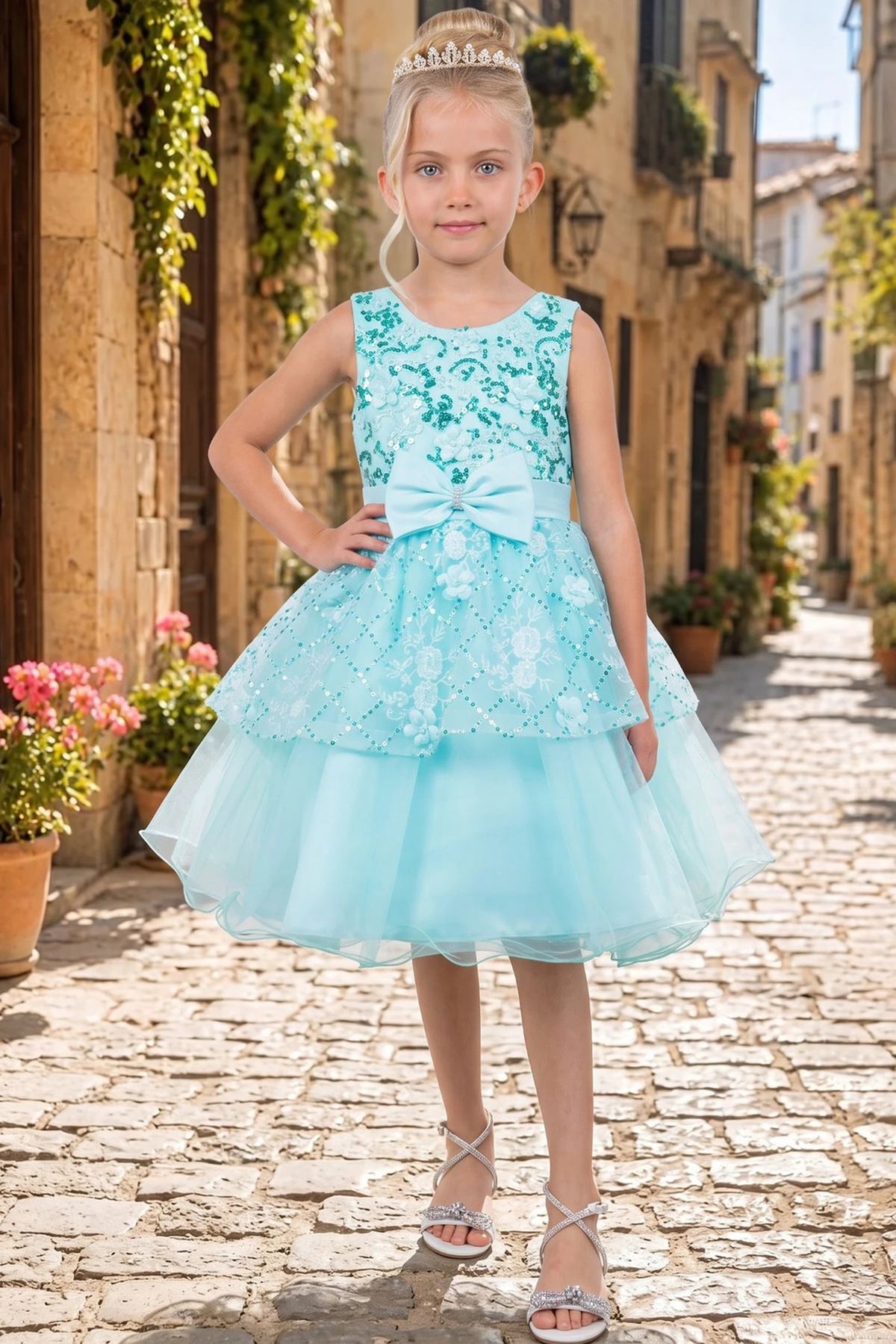 Detailed by a large bow at the waist, the Mint kids party dress reveals its construction.