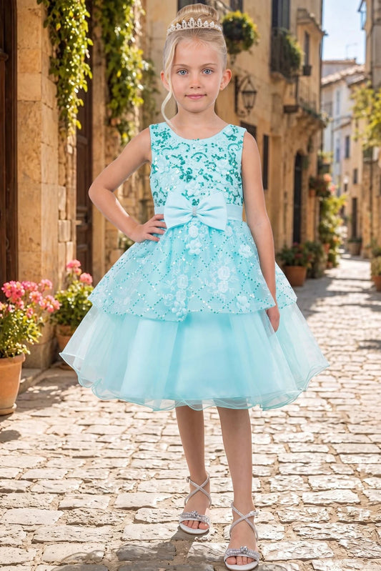 Detailed by a large bow at the waist, the Mint kids party dress reveals its construction.