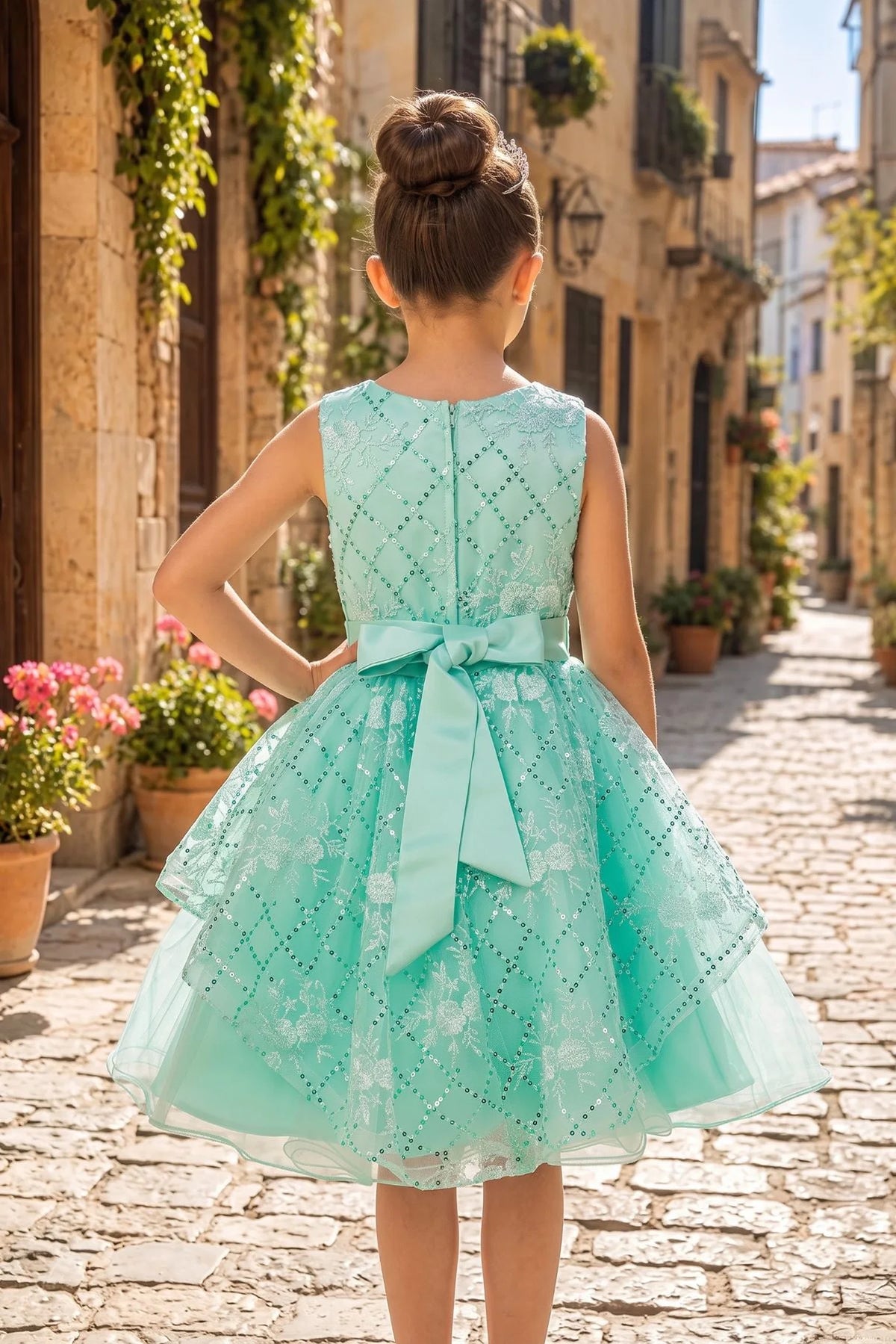 Finished details of a floral back bodice distinguish the Mint kids party dress.
