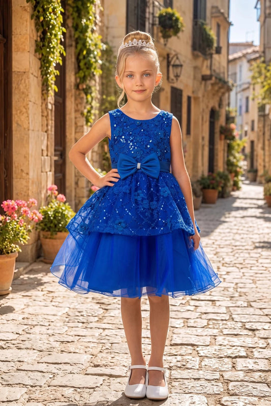 Detailed by a large bow at the waist, the Royal Blue kids party dress reveals its construction.