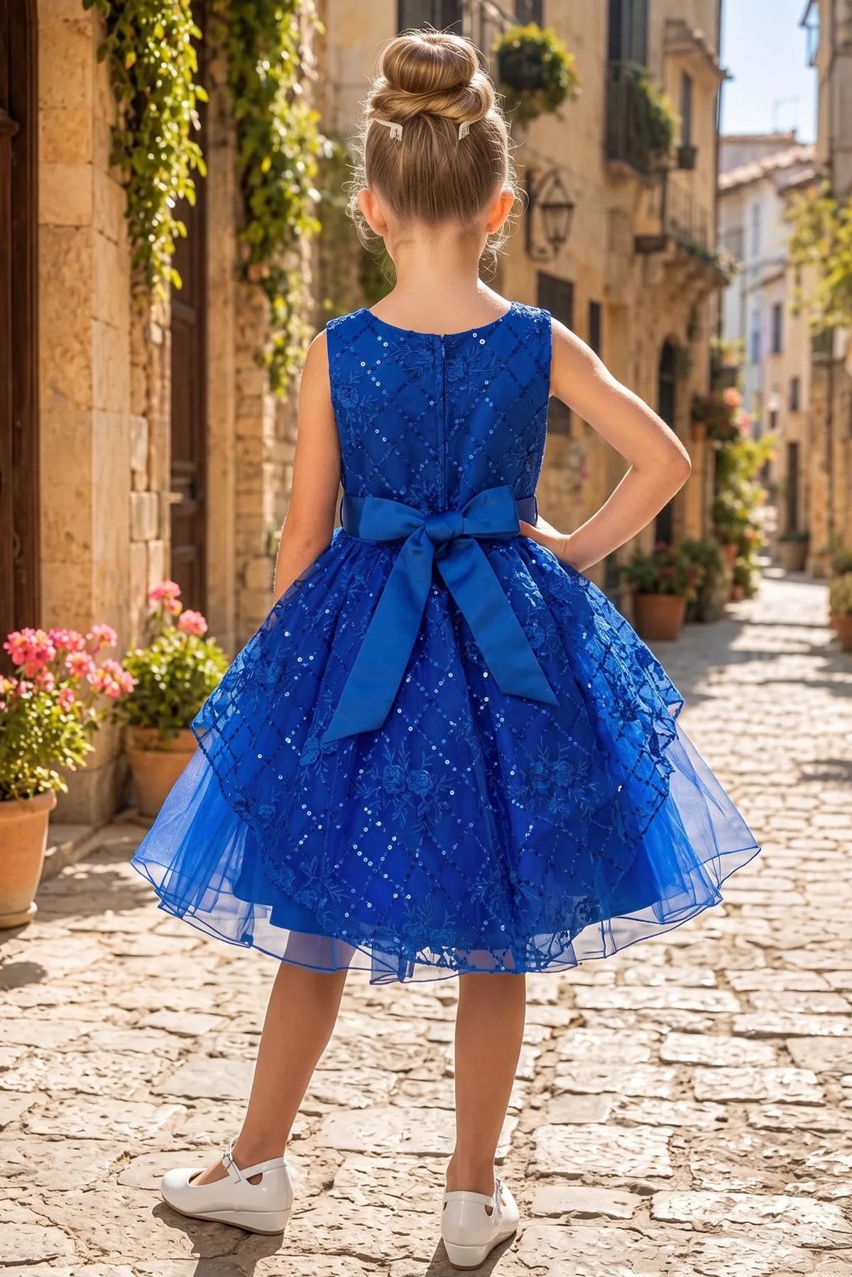 Finished details of a floral back bodice distinguish the Royal Blue kids party dress.