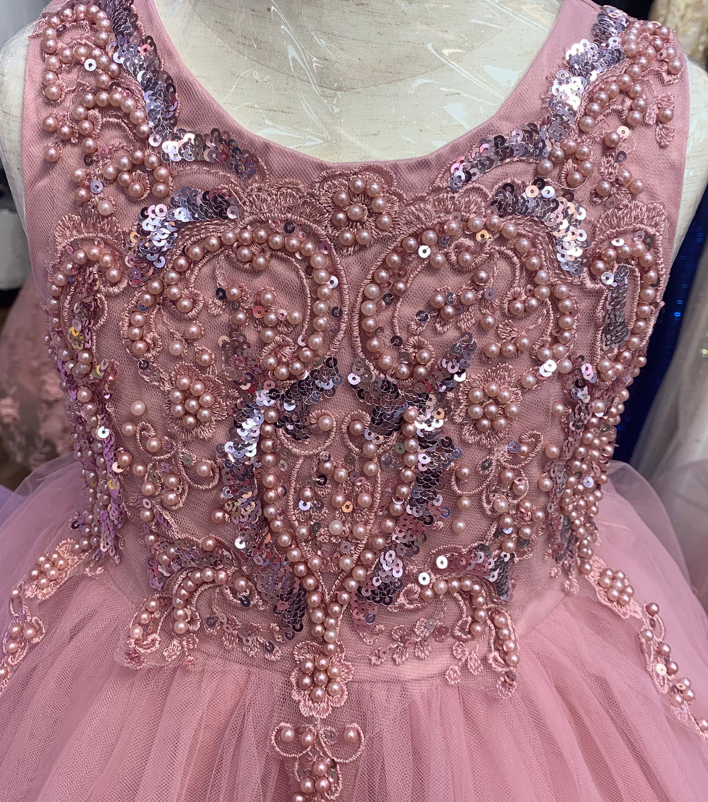 Dusty Rose Elegant 3D Pearl Beaded and Sequin Lace Flower Girl Dress - zoomed in detailed view of dress