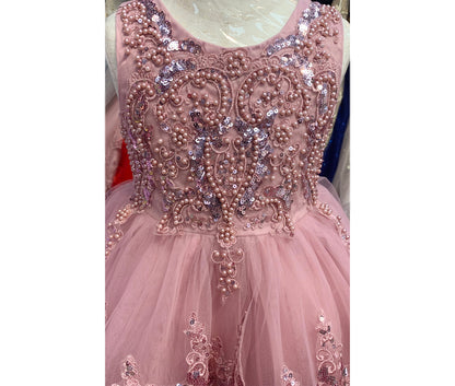 Dusty Rose Elegant 3D Pearl Beaded and Sequin Lace Flower Girl Dress - detailed fiew of front of dress