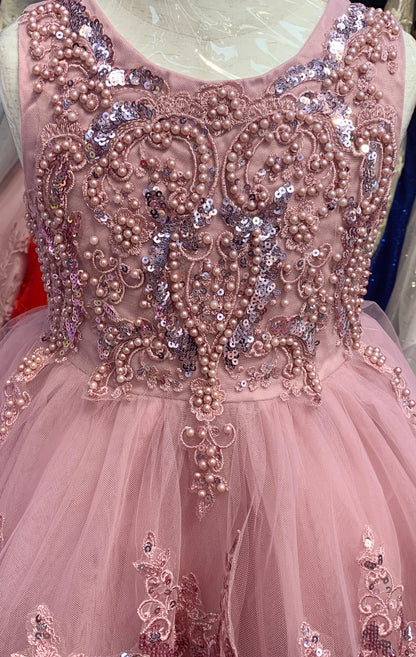 Dusty Rose Elegant 3D Pearl Beaded and Sequin Lace Flower Girl Dress - zoomed in detailed view of front of the dress