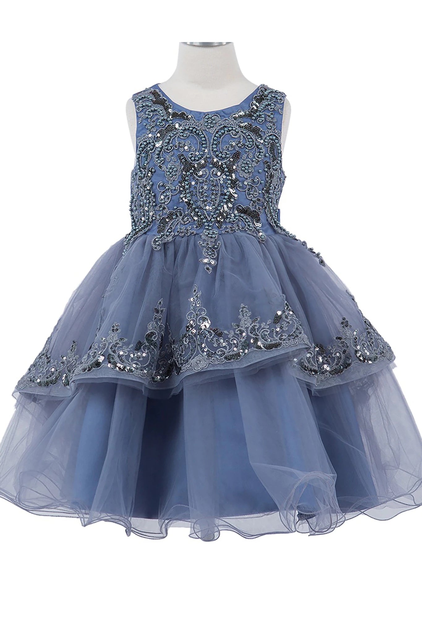 Blue flower girl dress with sequin embellishments.