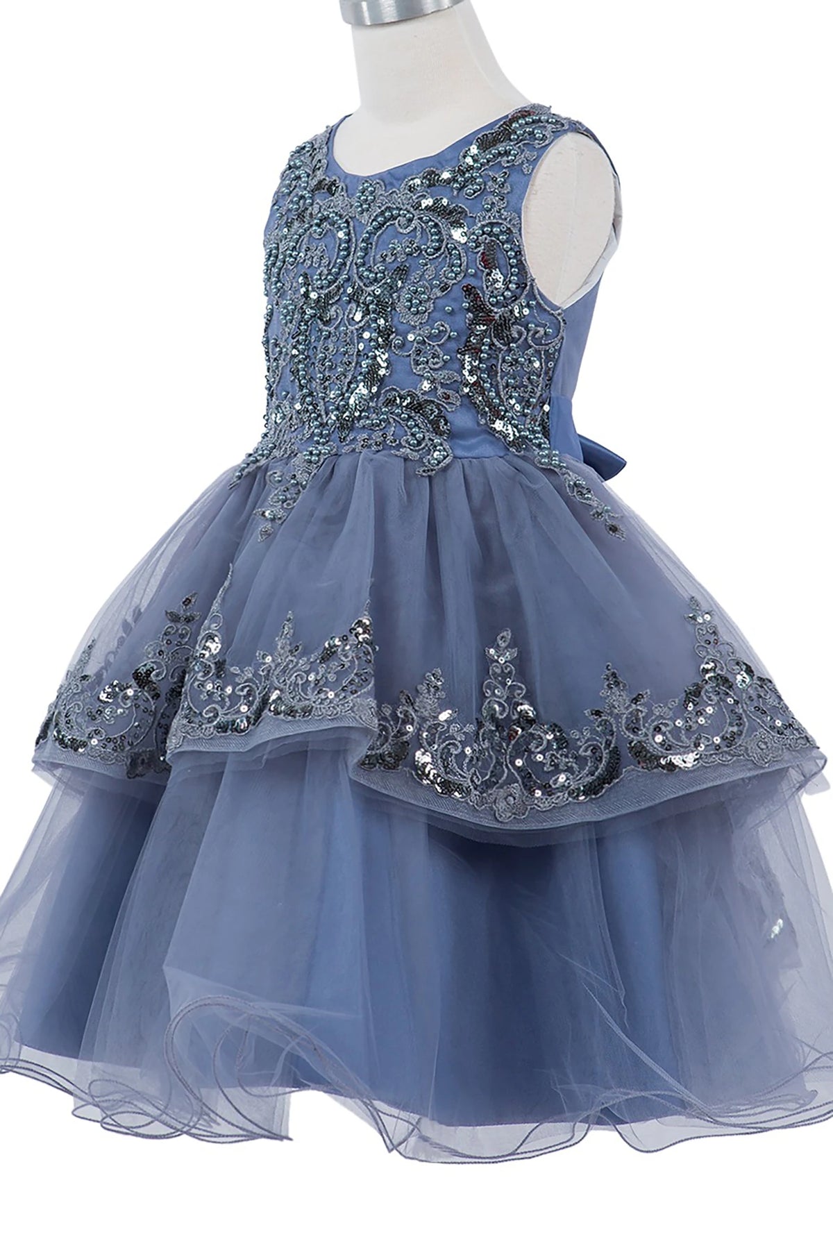 Blue flower girl dress with sequin embellishments.