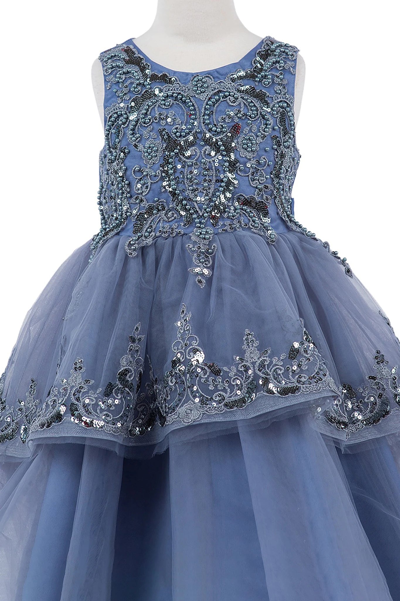 Blue flower girl dress with intricate sequin detailing.