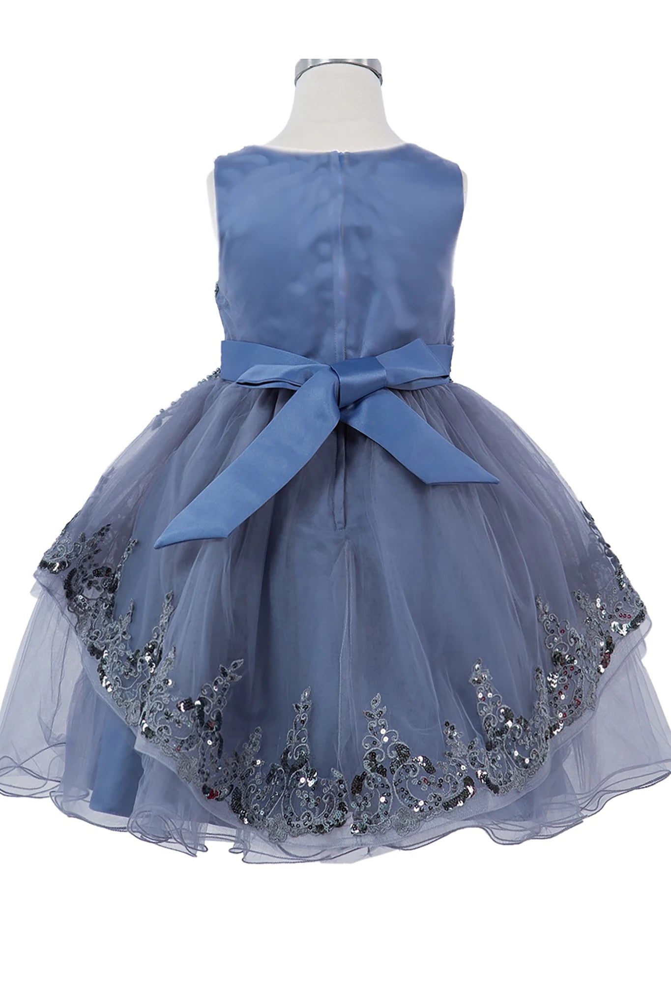 Blue flower girl dress with a large bow.