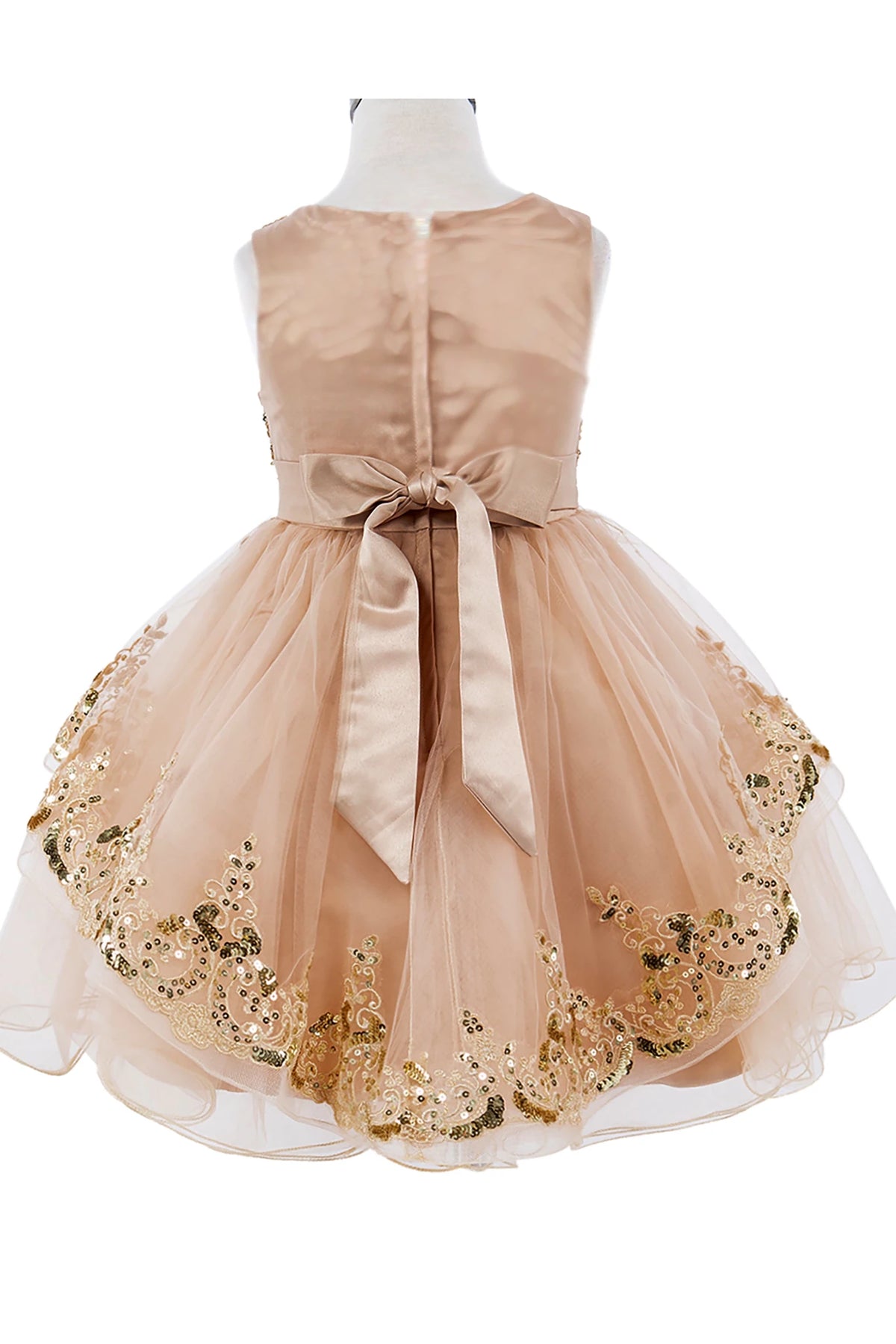 Champagne flower girl dress with gold sequin details.