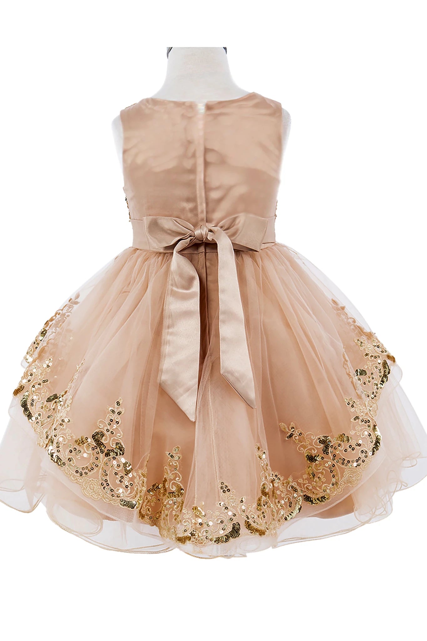 Champagne flower girl dress with gold sequin details.