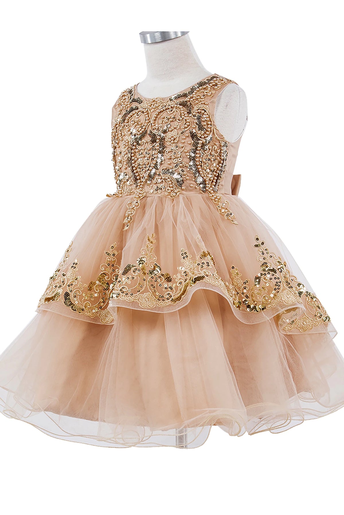 Champagne flower girl dress with gold embroidery.