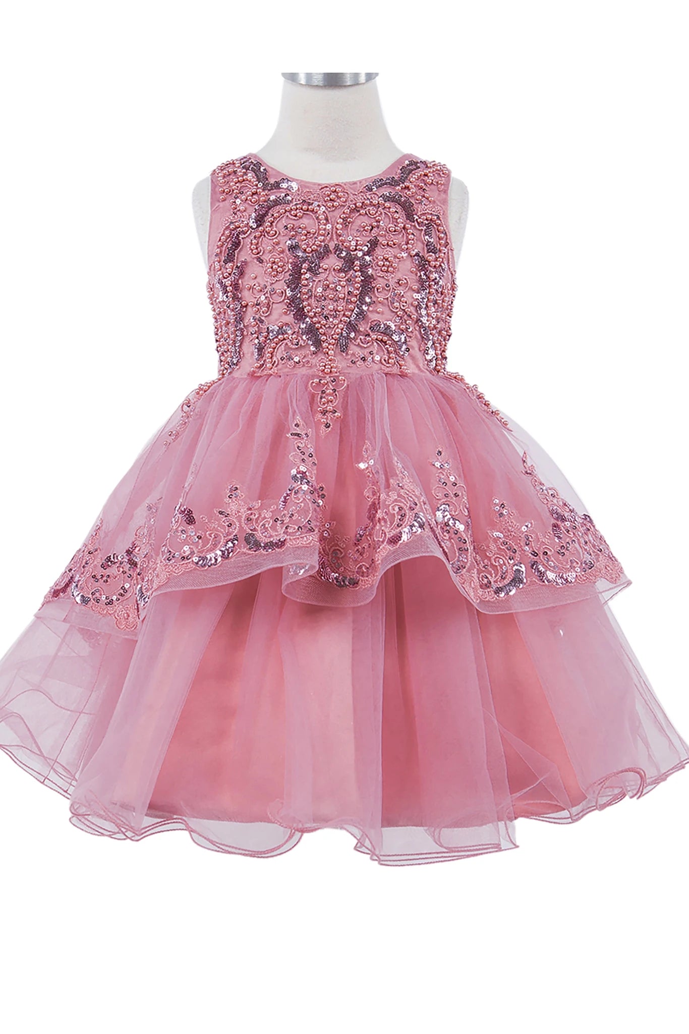 Front view of Dusty Rose Elegant 3D Pearl Beaded and Sequin Lace flower girl dress.