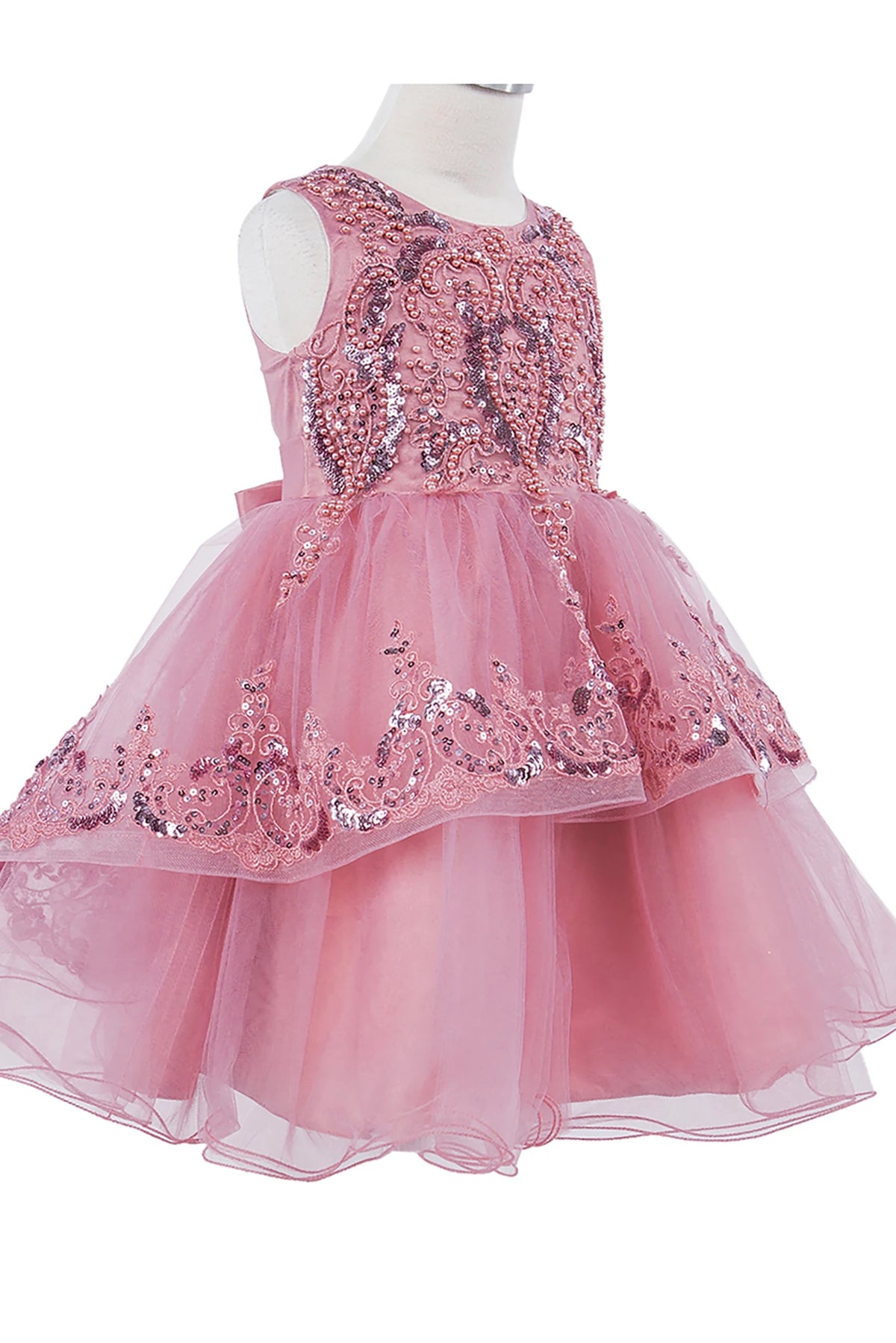 Front view of Dusty Rose Elegant 3D Pearl Beaded and Sequin Lace flower girl dress.