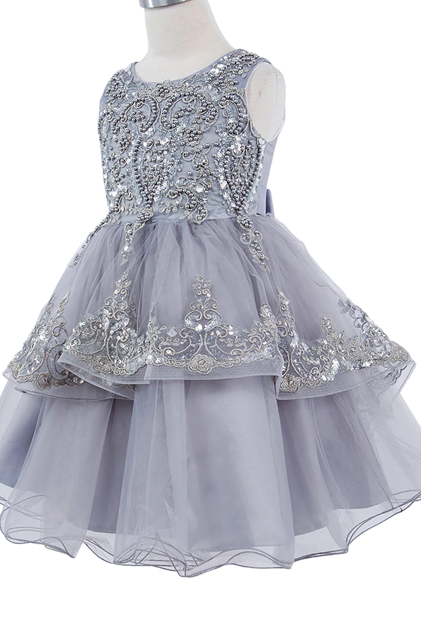Gray flower girl dress with intricate beadwork.