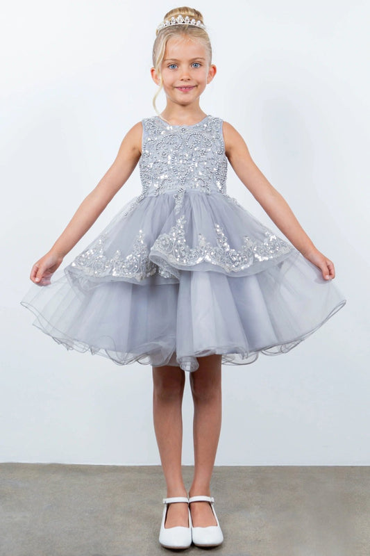 Displayed in a front view, the Silver flower girl dress has beaded bodice and layered tulle skirt with lace trim.