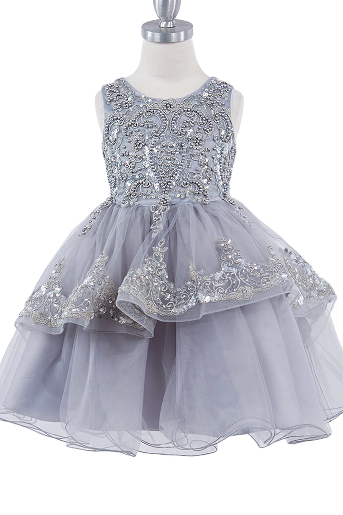Gray flower girl dress with sequin embellishments.