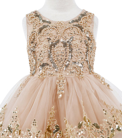 Champagne Elegant 3D Pearl Beaded and Sequin Lace Flower Girl Dress - zoomed in front view of dress