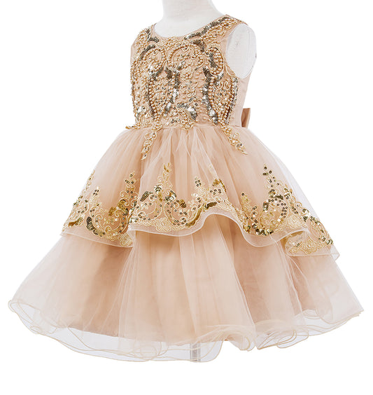 Champagne Elegant 3D Pearl Beaded and Sequin Lace Flower Girl Dress - front view of dress