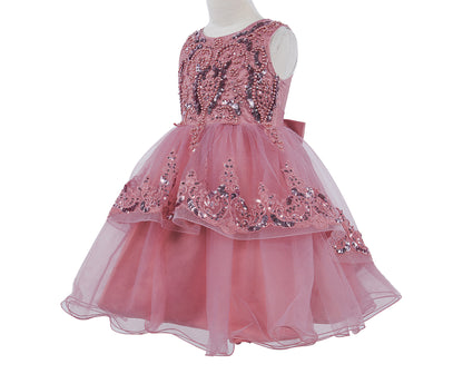 Dusty Rose Elegant 3D Pearl Beaded and Sequin Lace Flower Girl Dress - side view of dress