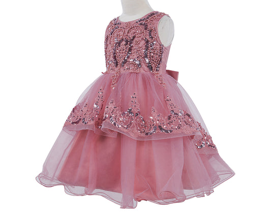 Dusty Rose Elegant 3D Pearl Beaded and Sequin Lace Flower Girl Dress - side view of dress