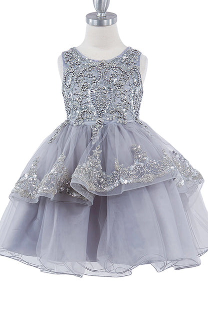 Gray dress with sequin embellishments on a mannequin against a white background