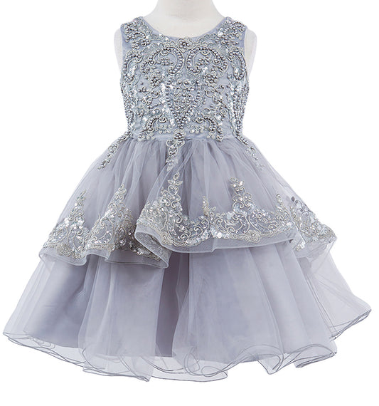 Silver Elegant 3D Pearl Beaded and Sequin Lace Flower Girl Dress - dress front view