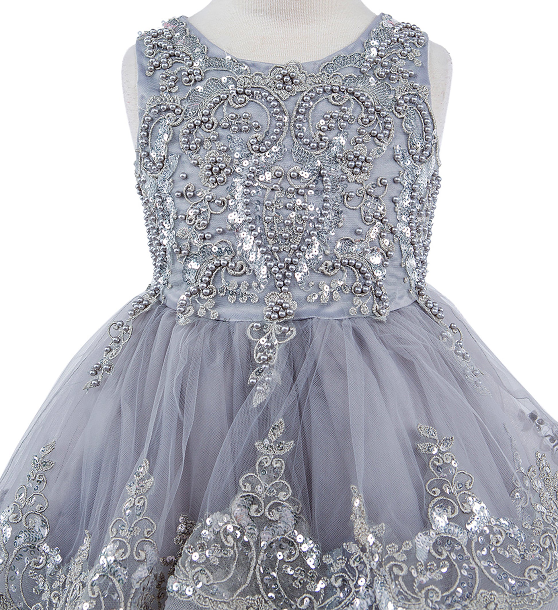 Silver Elegant 3D Pearl Beaded and Sequin Lace Flower Girl Dress - zoomed front view of dress