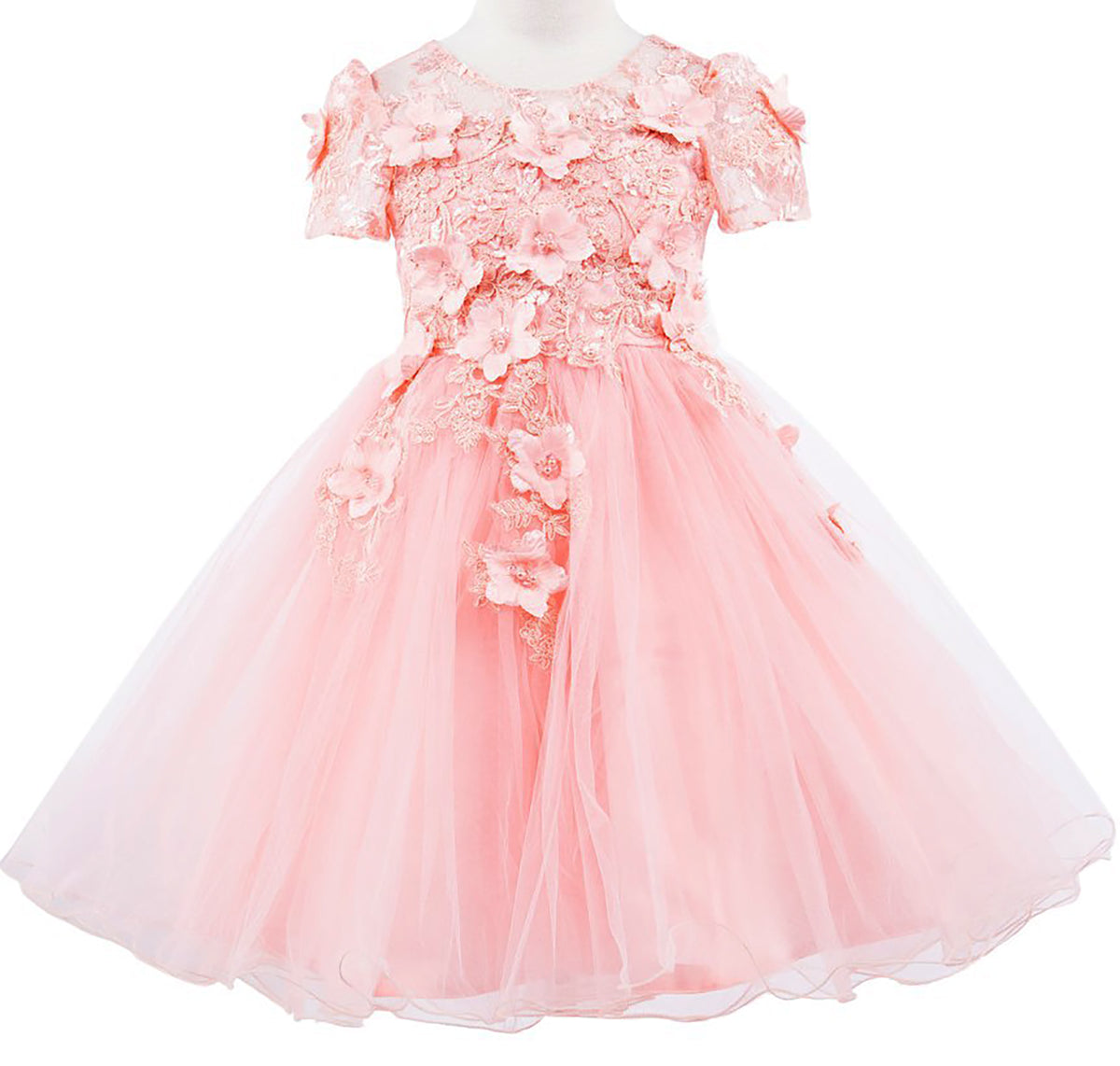 Front view of blush Peach Blush Embedded 3D Floral Cap Sleeve flower girl dress with Wired Tulle.