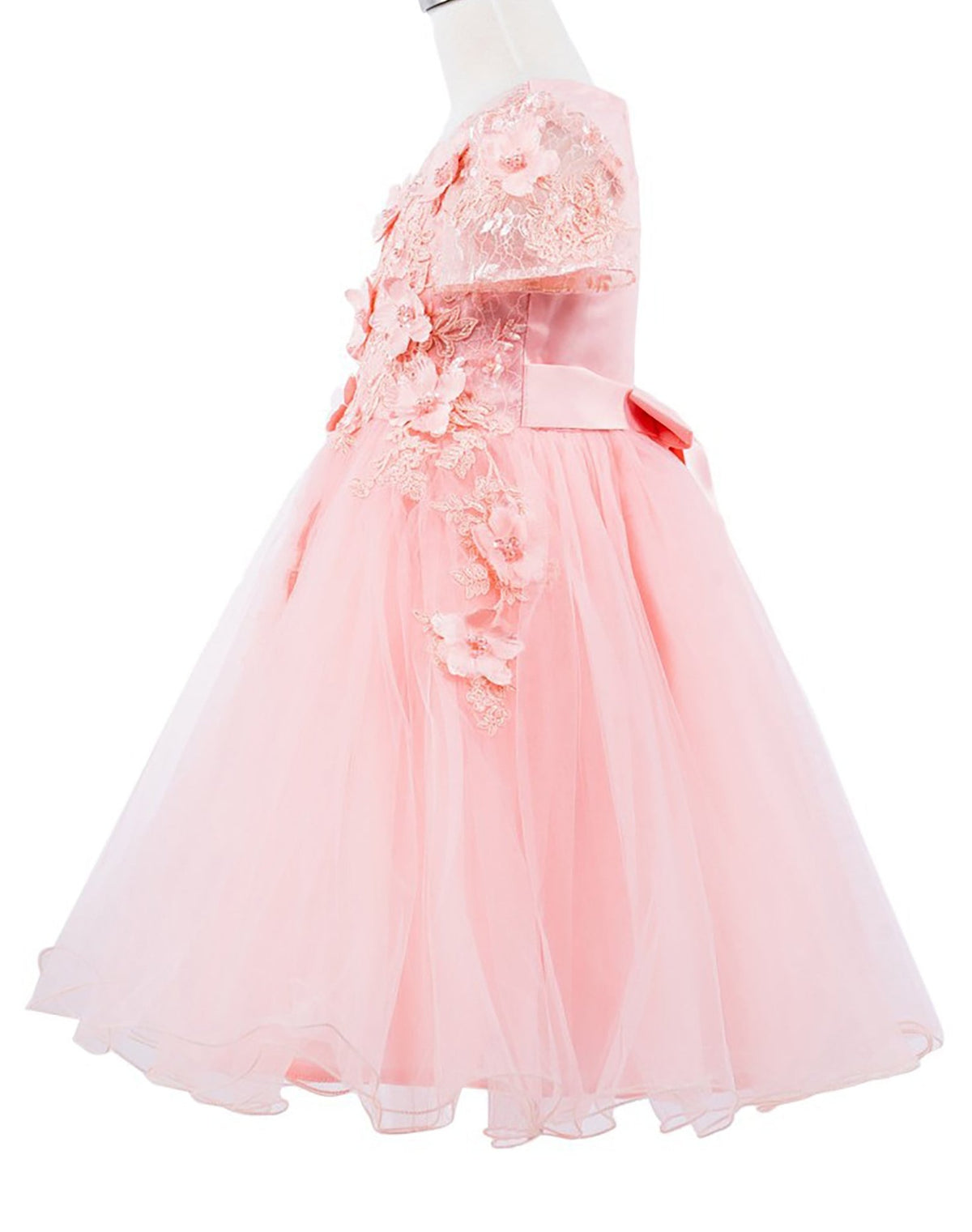 Front view of blush Peach Blush Embedded 3D Floral Cap Sleeve flower girl dress with Wired Tulle.