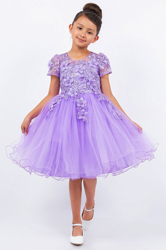 Front view of Lilac Embedded 3D Floral Cap Sleeve flower girl dress with Wired Tulle.