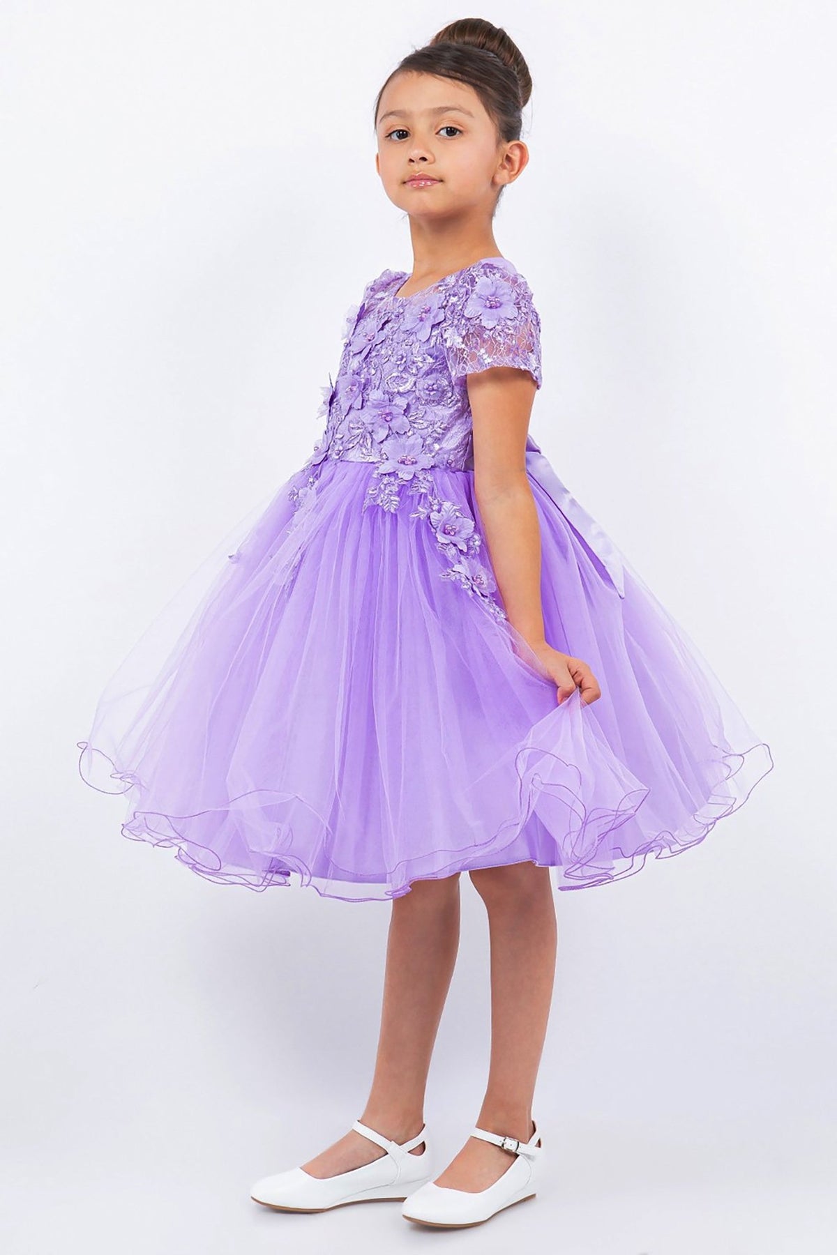 Front view presents lilac Embedded 3D Floral Cap Sleeve flower girl dress with Wired Tulle.