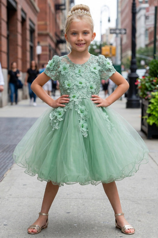 Displayed in a front view, the Sage flower girl dress has floral cap sleeves and full tulle skirt with a scalloped hem.
