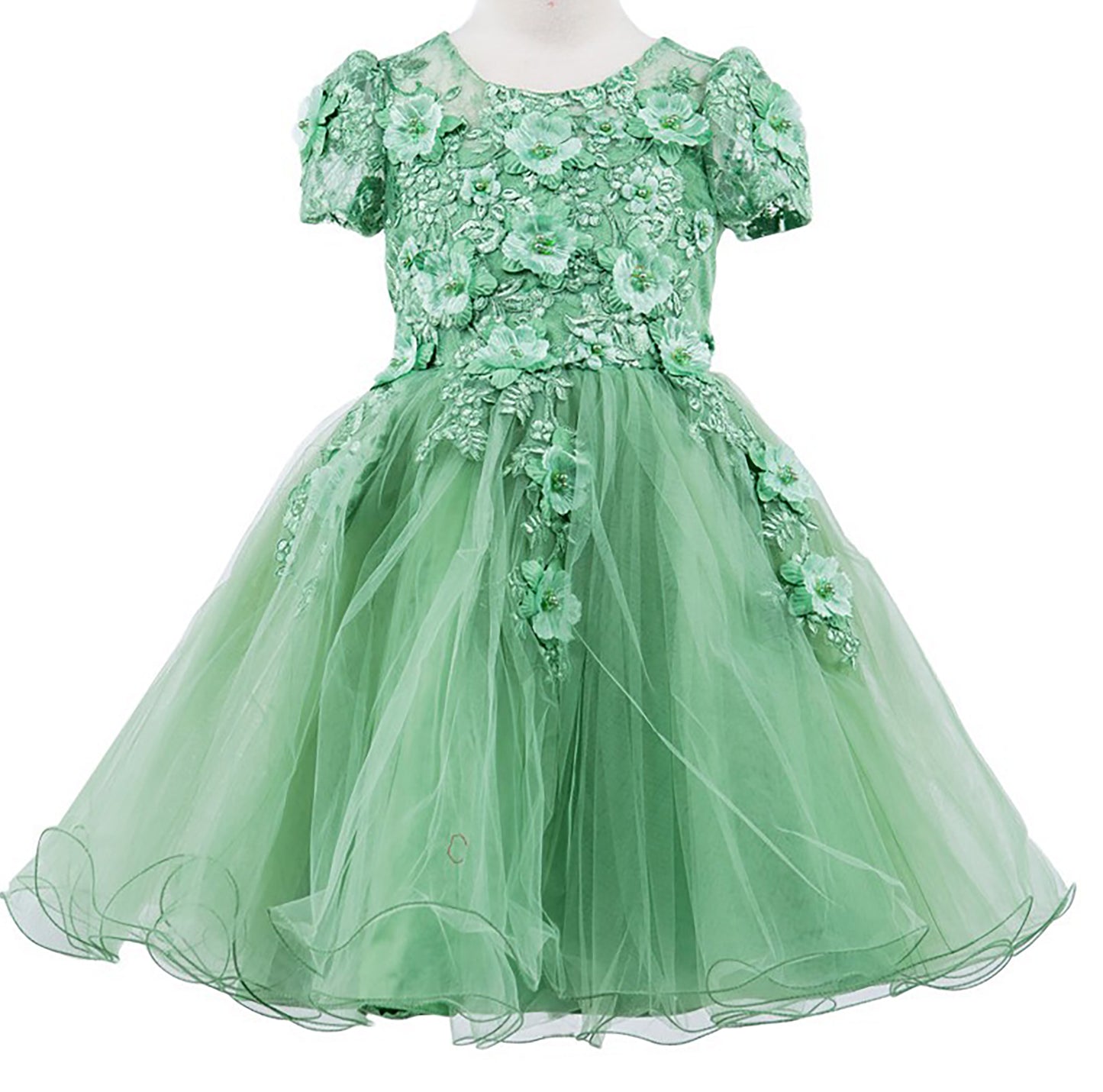 Front view of Sage Embedded 3D Floral Cap Sleeve flower girl dress with Wired Tulle.