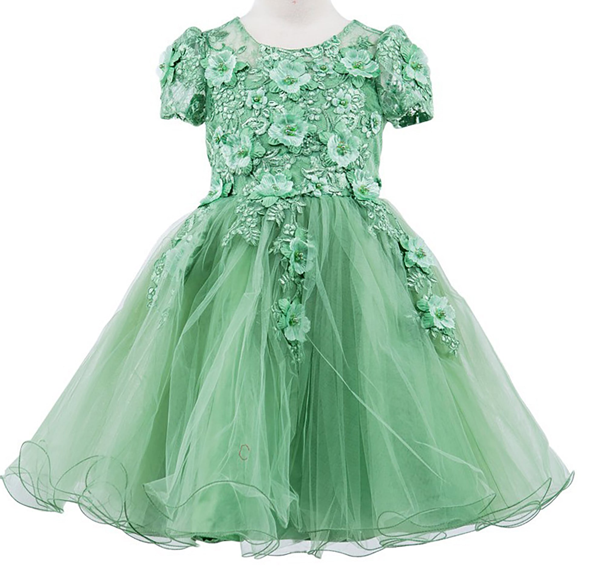 Front view of Sage Embedded 3D Floral Cap Sleeve flower girl dress with Wired Tulle.
