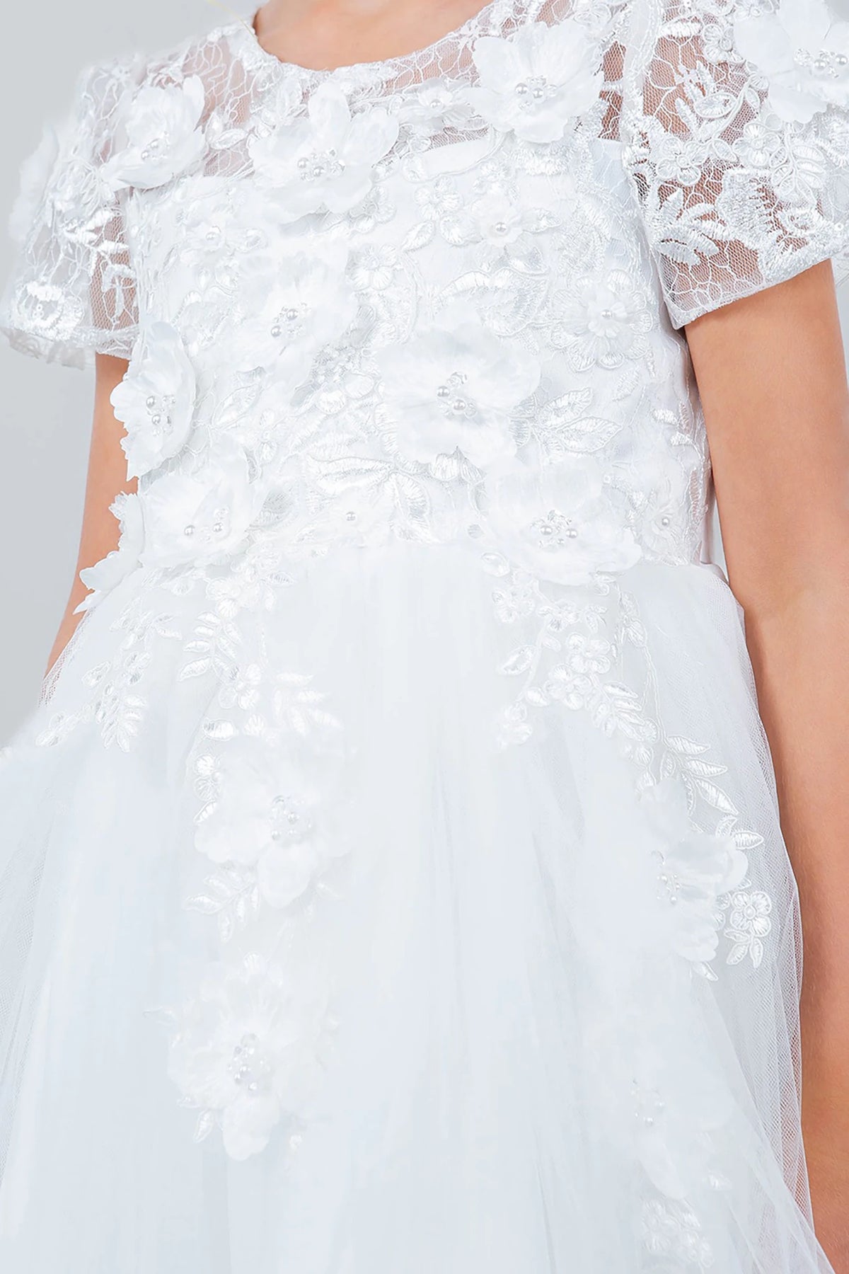 Front view of White Embedded 3D Floral Cap Sleeve flower girl dress with Wired Tulle.
