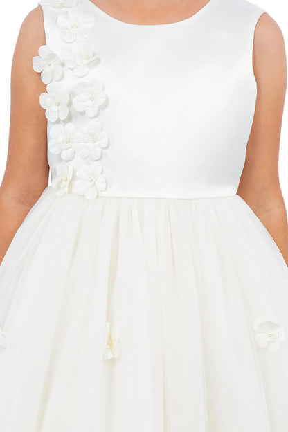 Visible on this Ivory flower girl dress: raised flowers beside the rounded neckline.