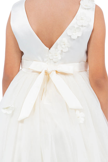 Featuring satin bow beside the floral back trim on the Ivory flower girl dress.