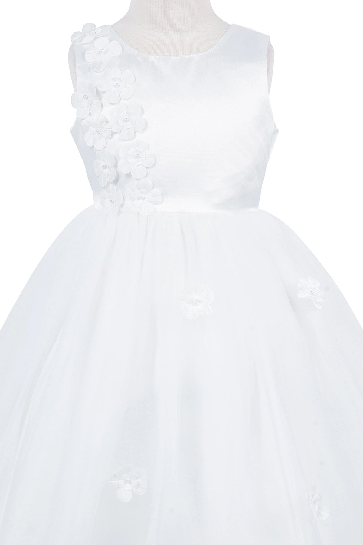 Visible on this White flower girl dress: flower appliques running down the bodice.