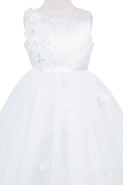Visible on this White flower girl dress: flower appliques running down the bodice.