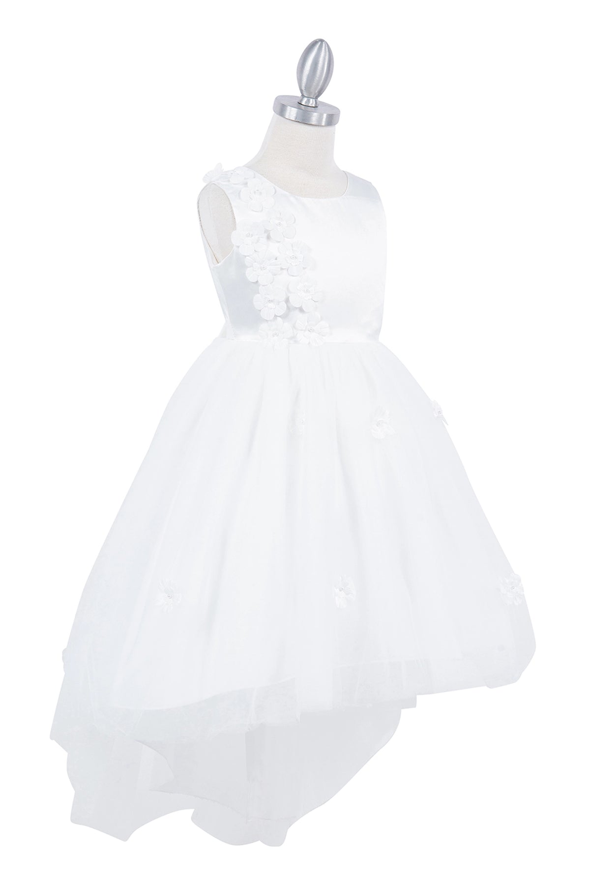 Details of the White flower girl dress include sleeveless bodice and long layered tulle hem.