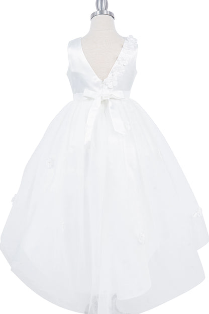 A White flower girl dress showing V back framed by raised flower appliques.