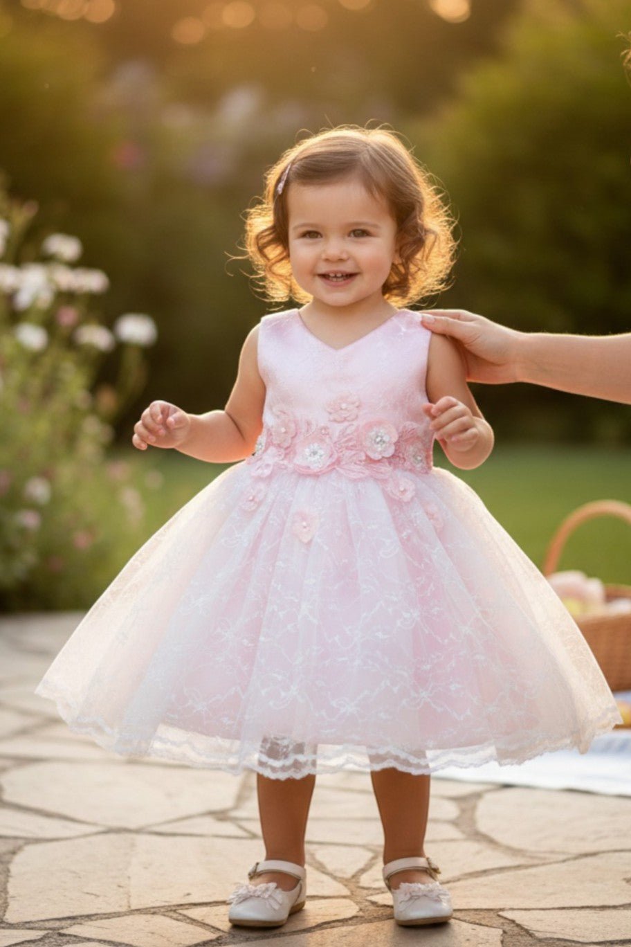 Pink flower girl Dress Front View With Embroidered Bodice And Layered Tulle Skirt.