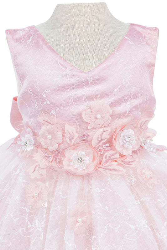 Close-up front view of pink dress showing beadwork and floral embroidery detail