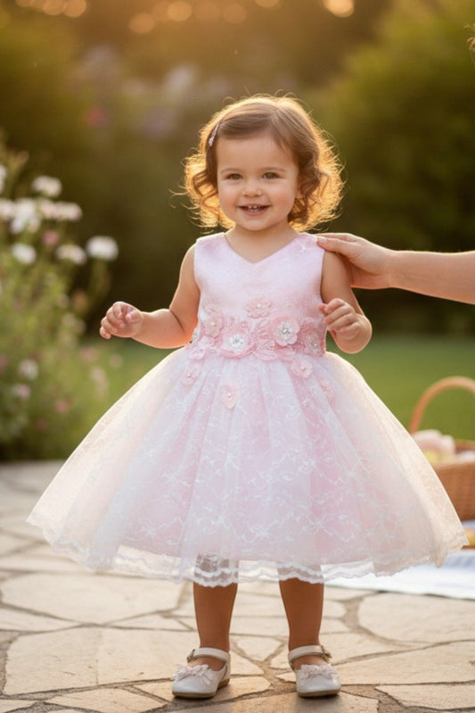Kid Wearing Pink Flower Girl Dress Front View With Embroidered Bodice And Layered Tulle Skirt