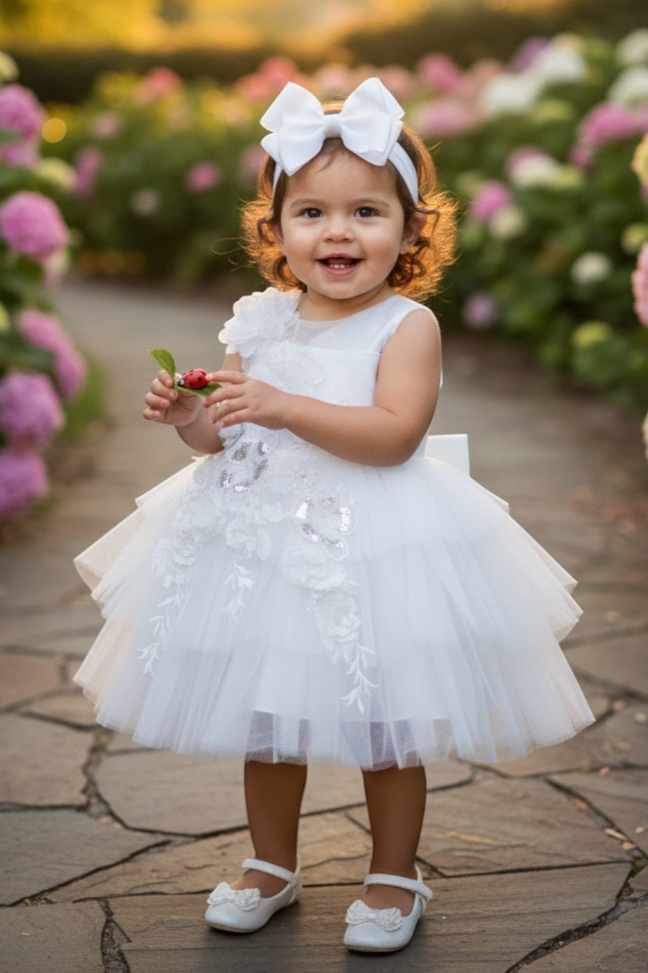 Ivory flower girl Dress Front View With Embroidered Bodice And Layered Tulle Skirt.