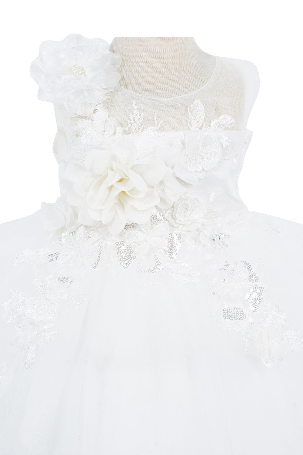 Close-up front view of ivory flower girl dress showing beadwork and floral embroidery detail.