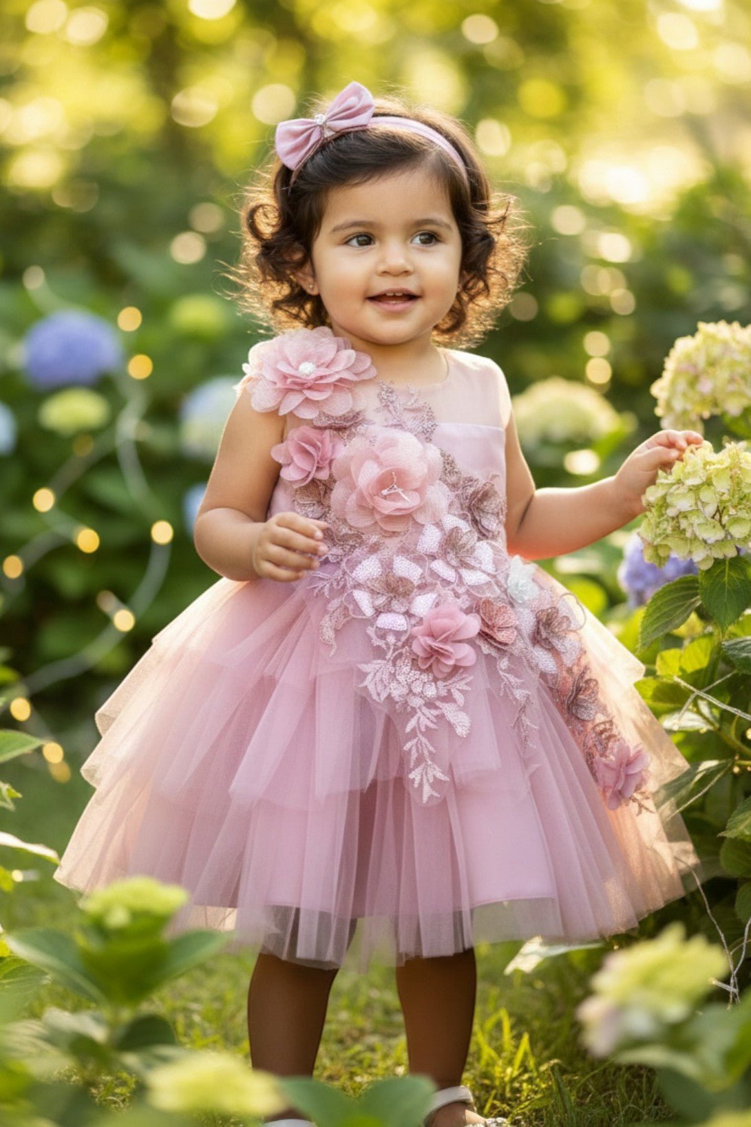 Mauve flower girl Dress Front View With Embroidered Bodice And Layered Tulle Skirt.